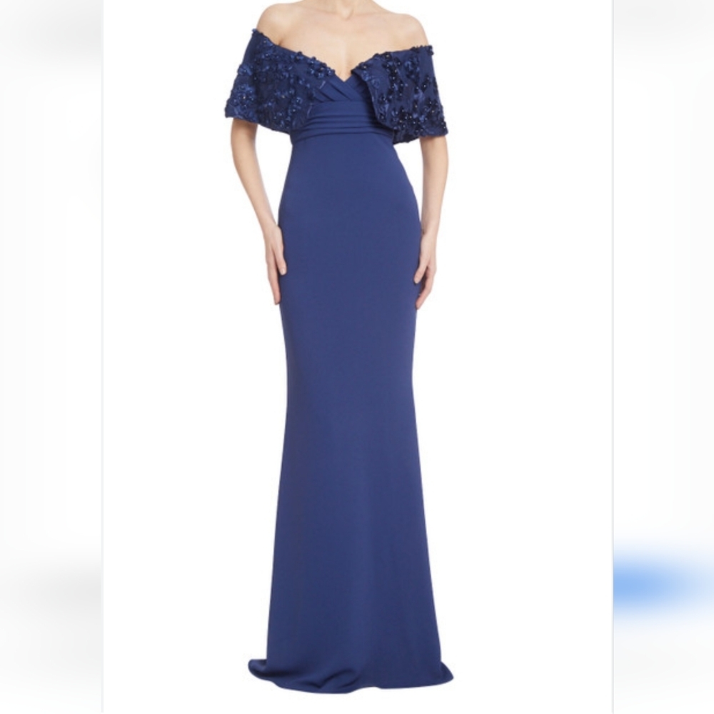 Badgley Mischka Navy Blue 3D Floral Off Shoulder Formal Evening Gown NWT 6